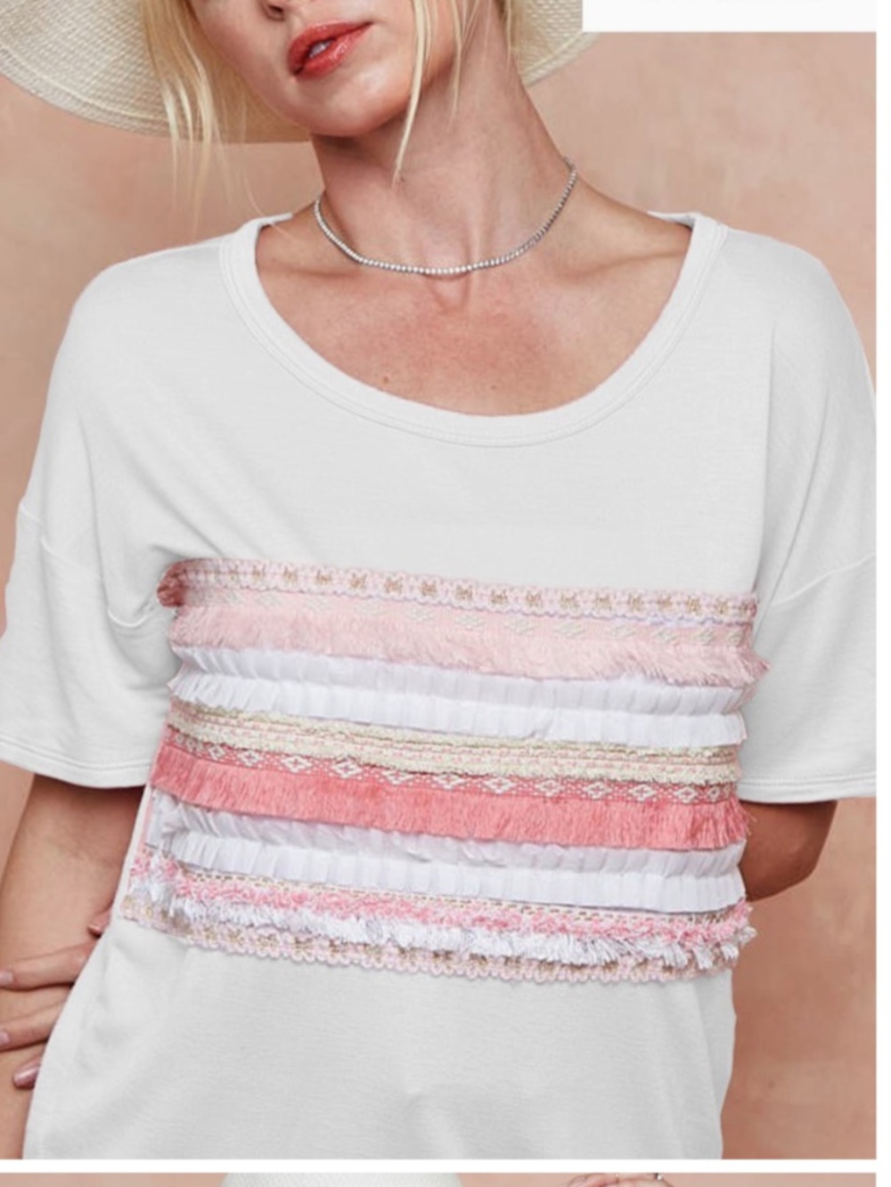 BiBi White Tee with Pink Fringe & Lace Stripes